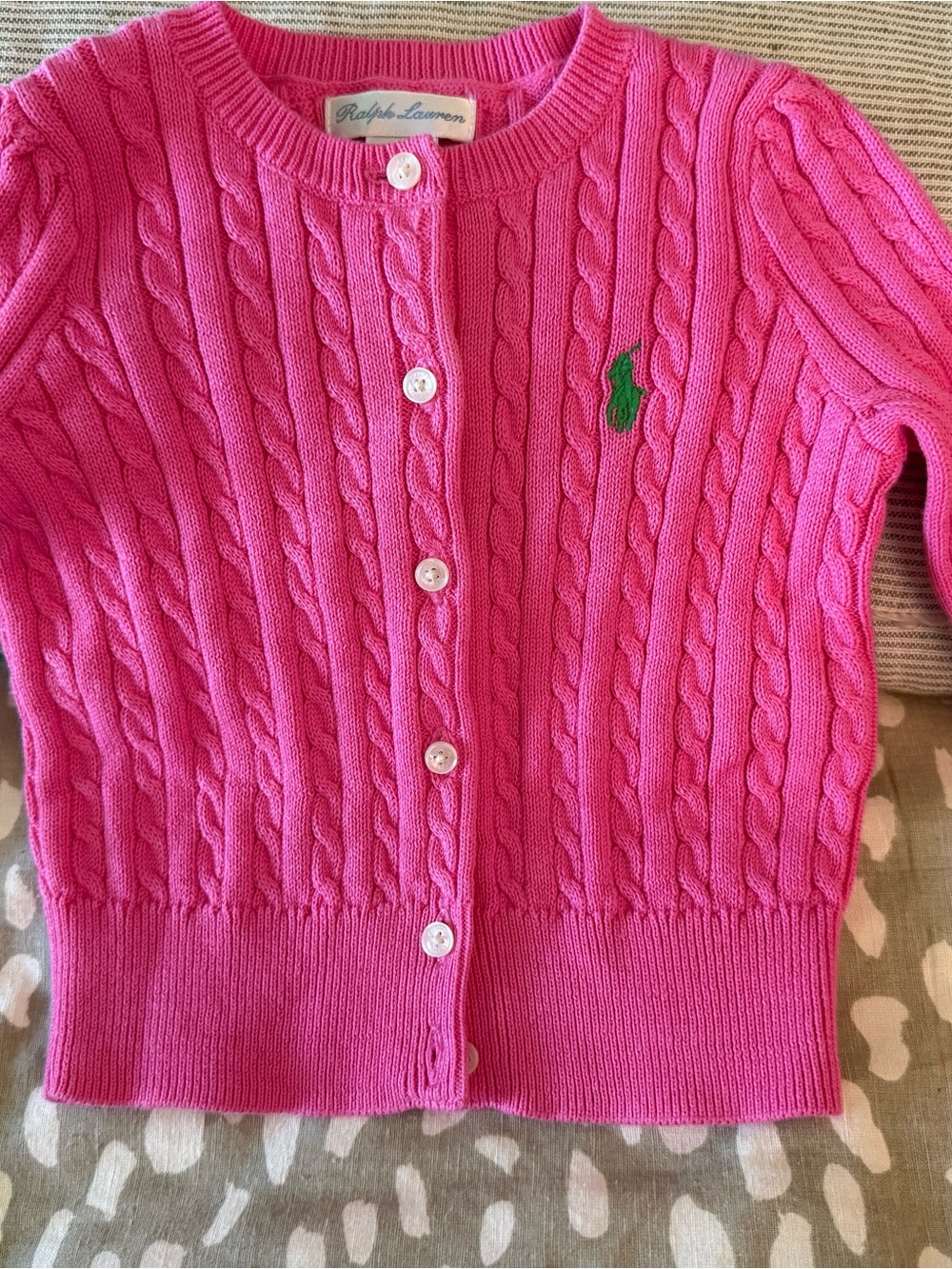 Ralph Lauren Baby Hot Pink Cable-Knit Button Cardigan w/ Green Pony. EUC Sz 9M